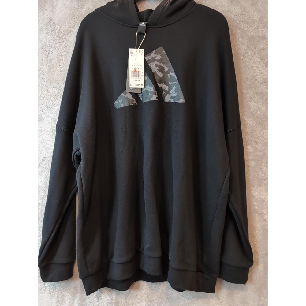 Adidas Womens Oversized Hoodie Black Grey Camo Logo Sweatshirt GP7352 L - Picture 2 of 11